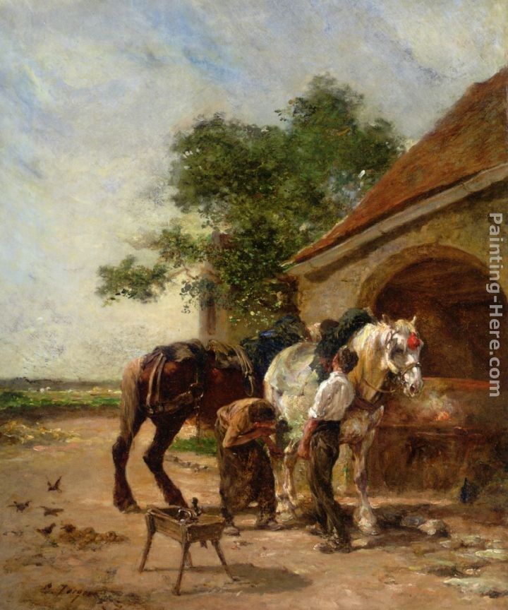 Charles Emile Jacque Attending to the horses Painting 50 off